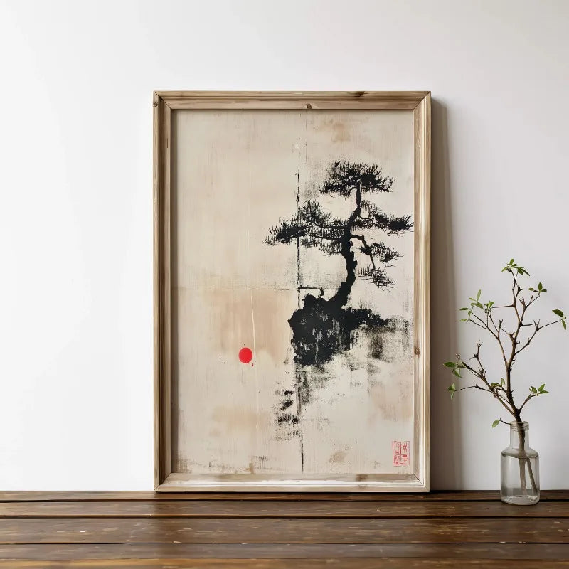 Lienzo Bonsai Zen - Paisaje Japonés Estilo Tinta Wabi Sabi | Poster Arte Minimalista Sin Marco