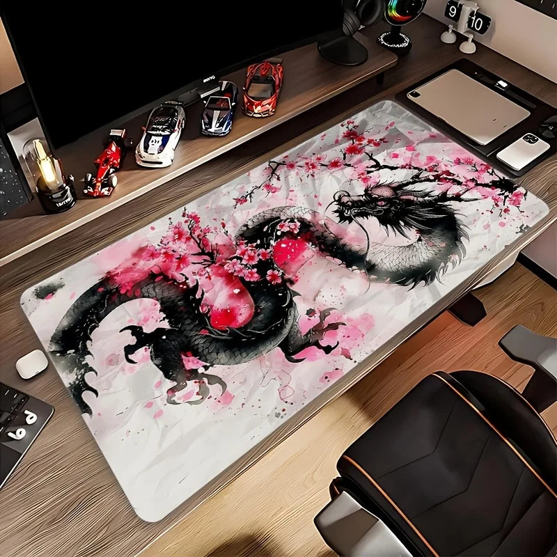 Alfombrilla Sakura y Dragón XXL - Mouse Pad Gaming Flor de Cerezo Japonés | Tapete Antideslizante 900x400mm