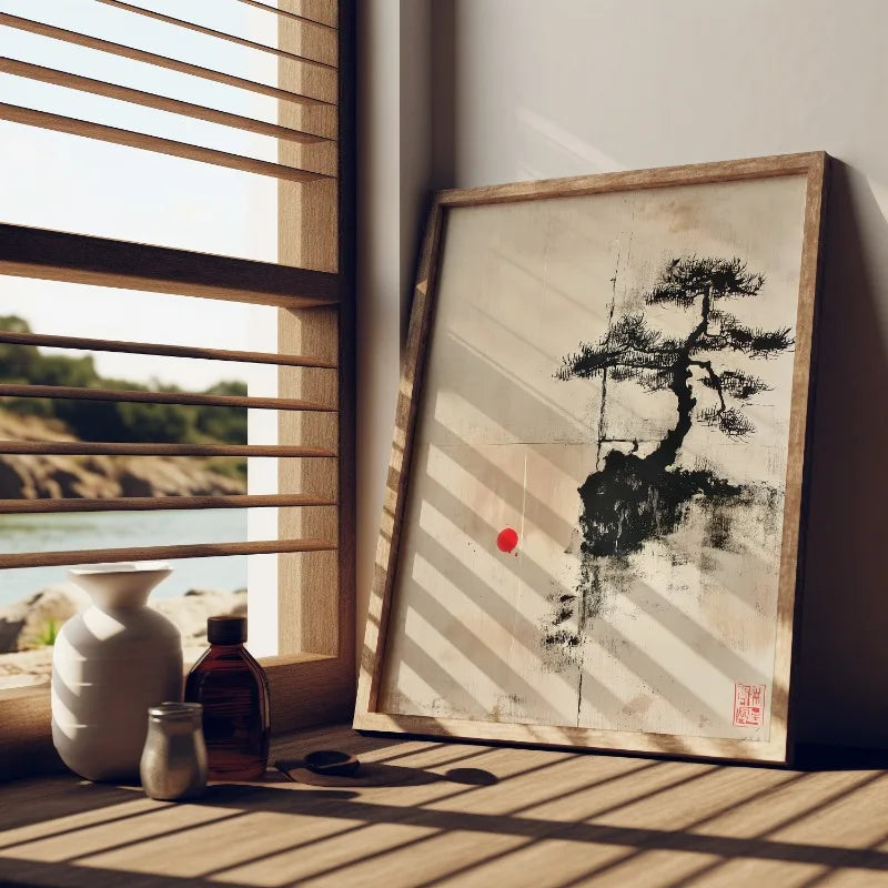 Lienzo Bonsai Zen - Paisaje Japonés Estilo Tinta Wabi Sabi | Poster Arte Minimalista Sin Marco