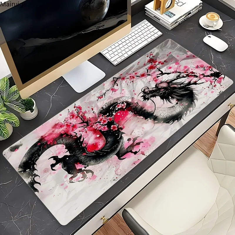 Alfombrilla Sakura y Dragón XXL - Mouse Pad Gaming Flor de Cerezo Japonés | Tapete Antideslizante 900x400mm