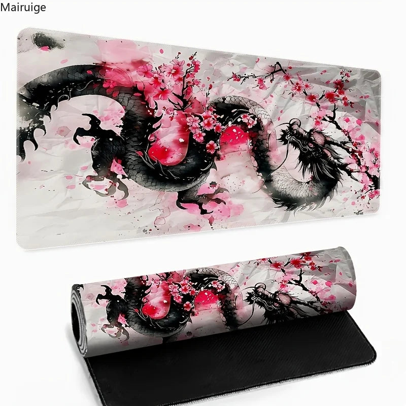 Alfombrilla Sakura y Dragón XXL - Mouse Pad Gaming Flor de Cerezo Japonés | Tapete Antideslizante 900x400mm