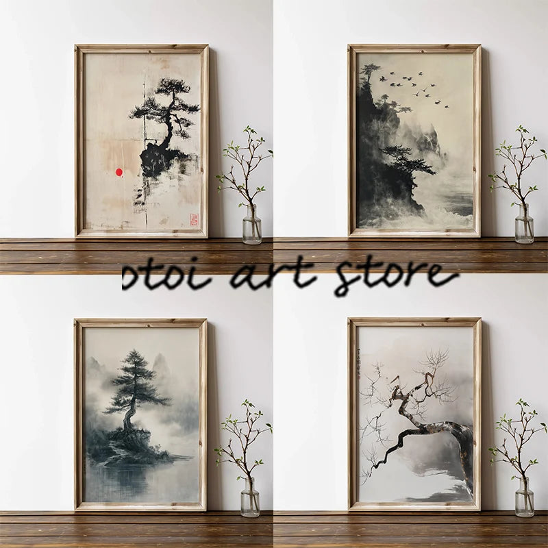 Lienzo Bonsai Zen - Paisaje Japonés Estilo Tinta Wabi Sabi | Poster Arte Minimalista Sin Marco