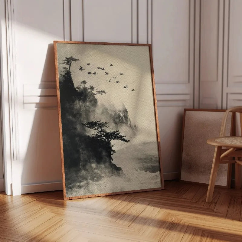 Lienzo Bonsai Zen - Paisaje Japonés Estilo Tinta Wabi Sabi | Poster Arte Minimalista Sin Marco