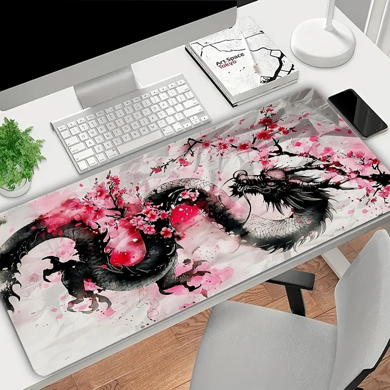 Alfombrilla Sakura y Dragón XXL - Mouse Pad Gaming Flor de Cerezo Japonés | Tapete Antideslizante 900x400mm