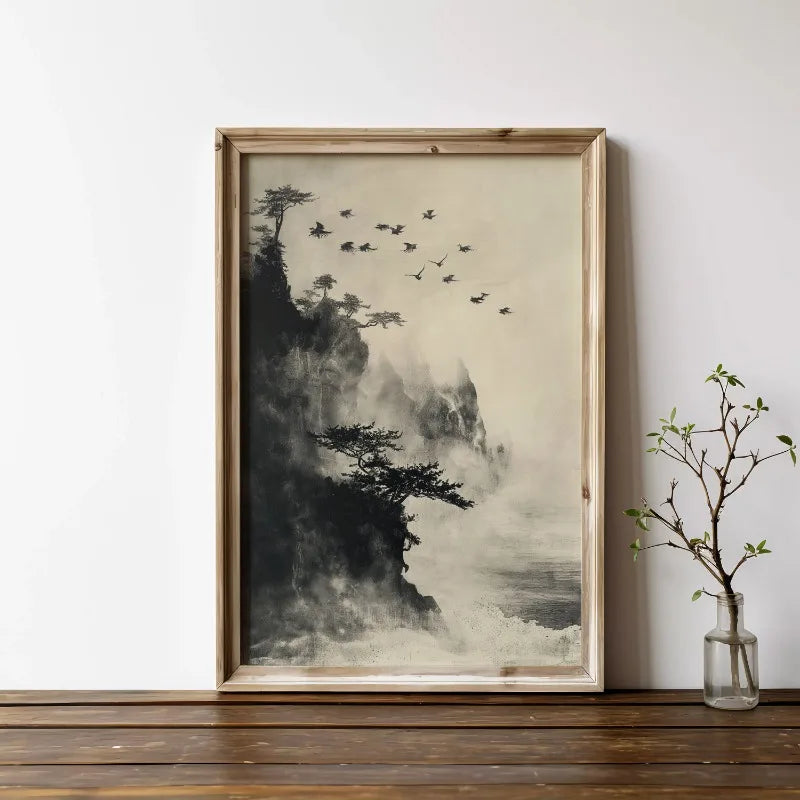 Lienzo Bonsai Zen - Paisaje Japonés Estilo Tinta Wabi Sabi | Poster Arte Minimalista Sin Marco