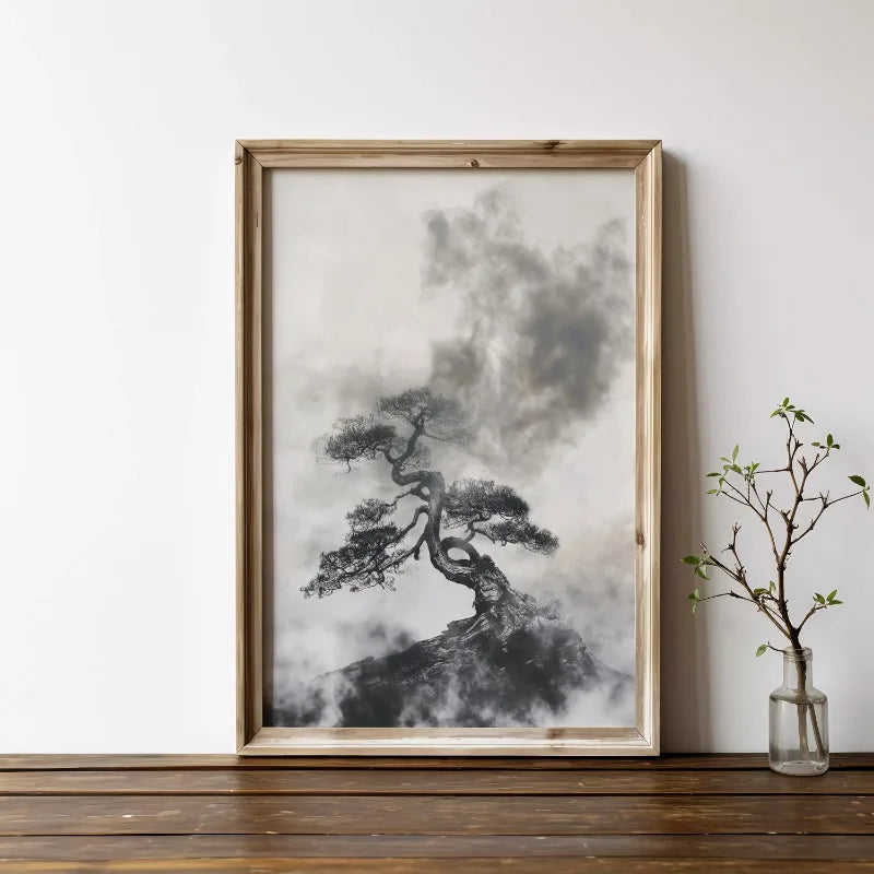 Lienzo Bonsai Zen - Paisaje Japonés Estilo Tinta Wabi Sabi | Poster Arte Minimalista Sin Marco